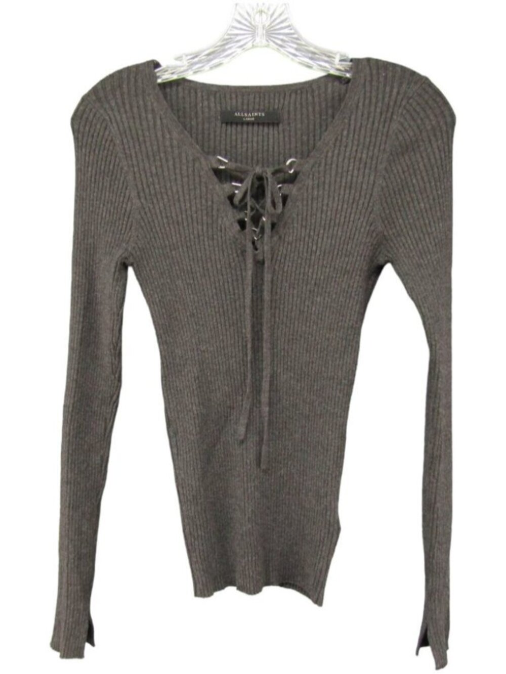 Allsaints Tamsin Jumper Top Gray Lace Up Rib Knit Size L Stretch Long Sleeve